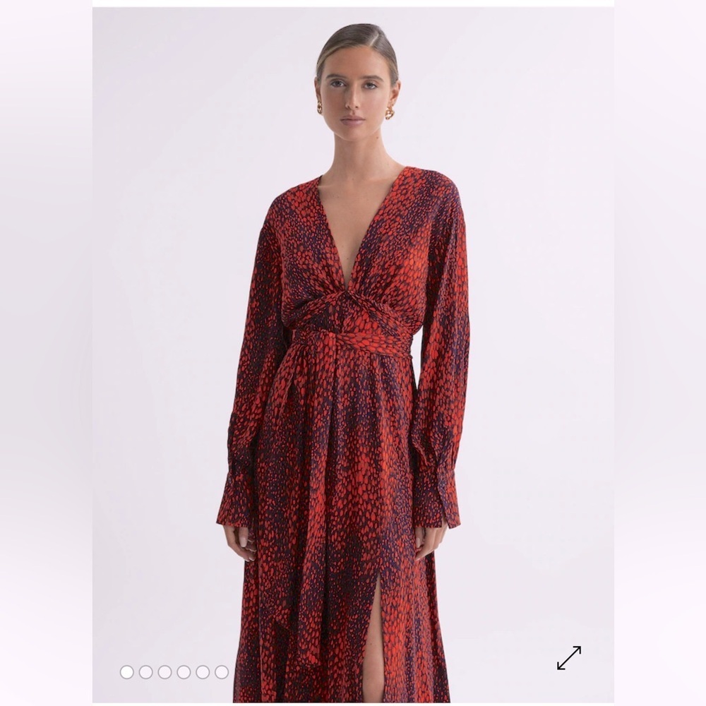 Reiss REISS Maya Red Animal Print Wrap Maxi Dress with Bishop Sleeves size 6